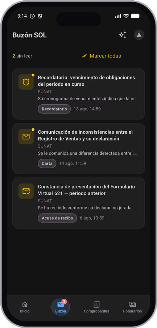 Buzón SOL en la app — notificaciones de SUNAT
